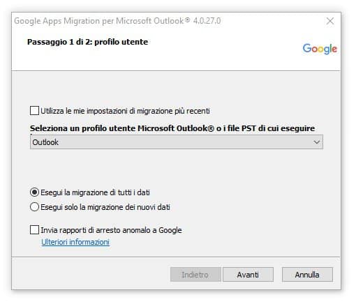 Google migration tool outlook - selezionare account outlook